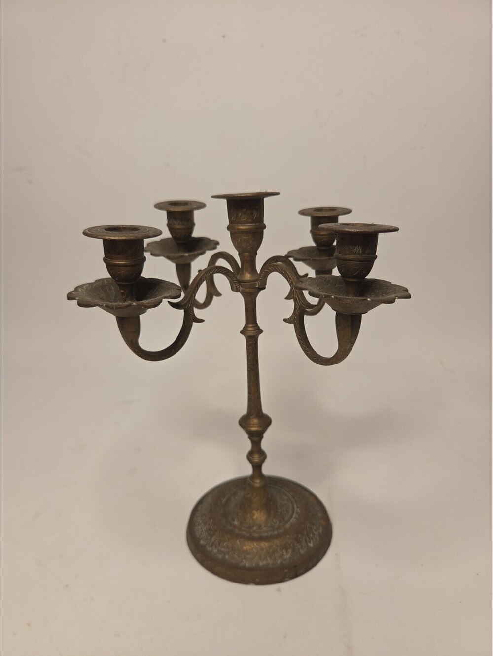 Vintage Etched Brass 5-Light Candelabra 4-Arm Candle Holder 9" Tall Patina